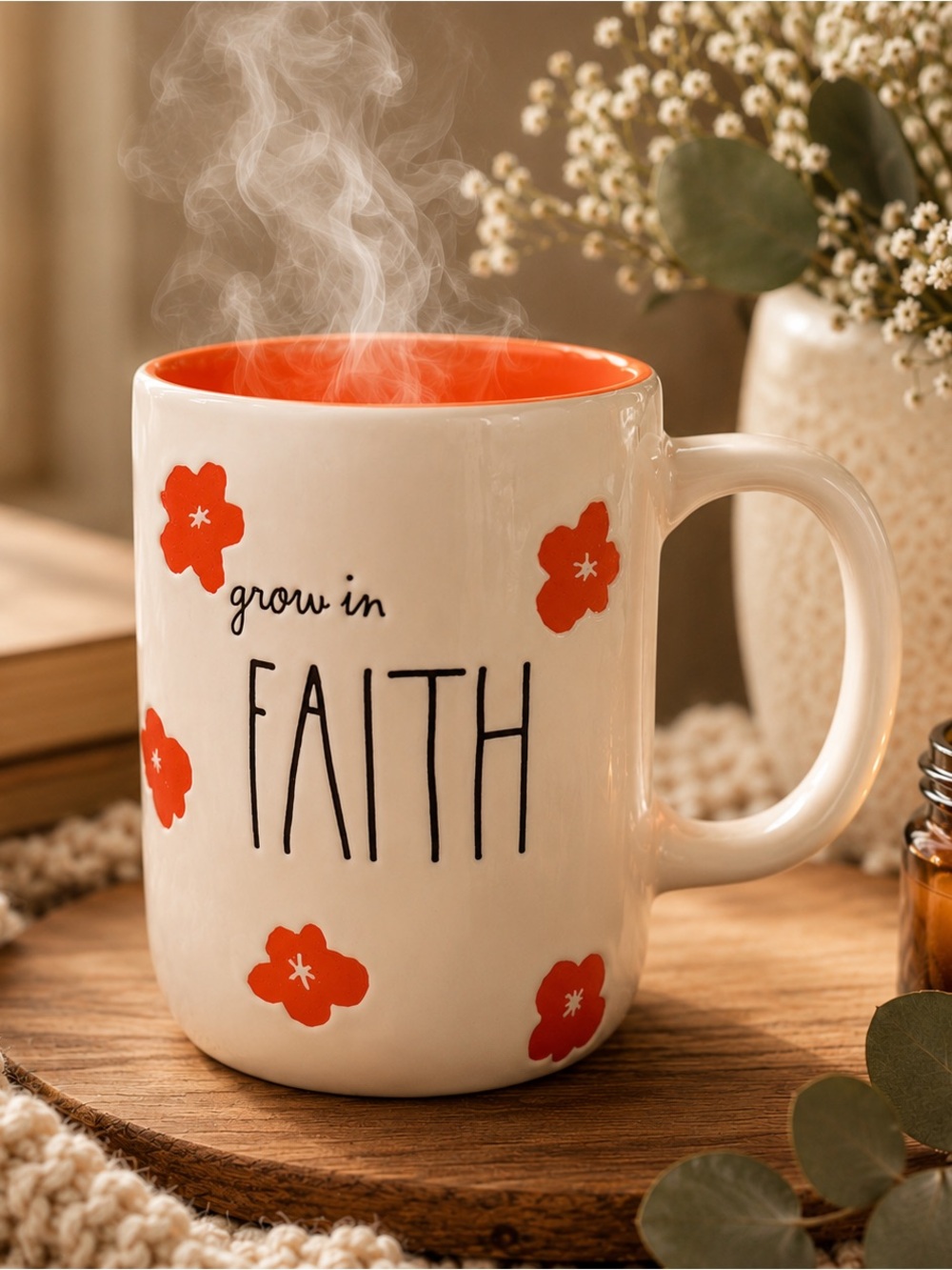 Rea Dunn Grow in Faith Mug with Orange Interior and Flower Accents